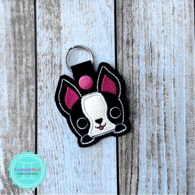 Smiling Frenchie Embroidered Vinyl Key Fob