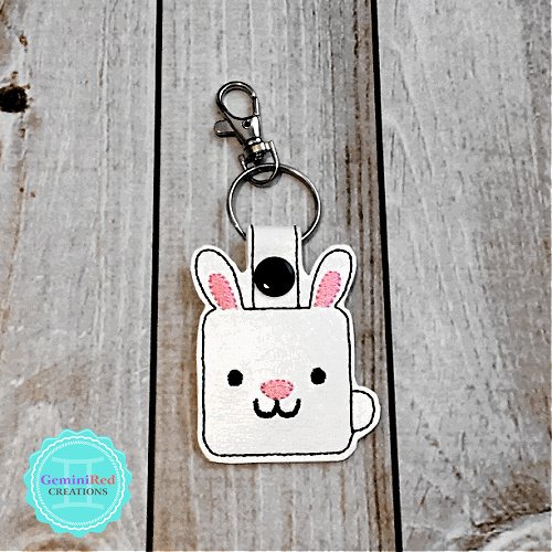 Square Bunny Embroidered Vinyl Key Fob