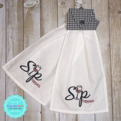 Embroidered Hanging Kitchen Towel {Sip Happens}